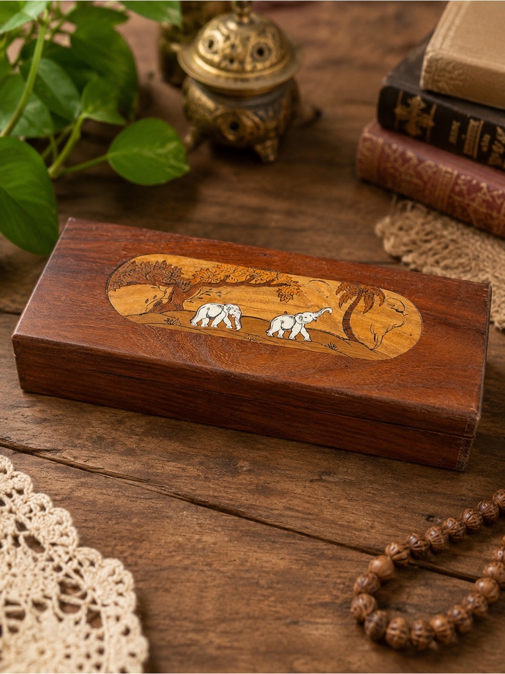 Vintage Hand Carved Wooden Trinket Jewelry Box Elephant Inlay 10” Long